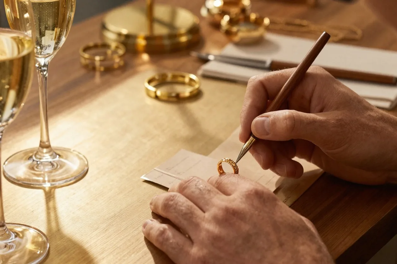 Mains d'orfèvre gravant un anneau d'or sur l'établi