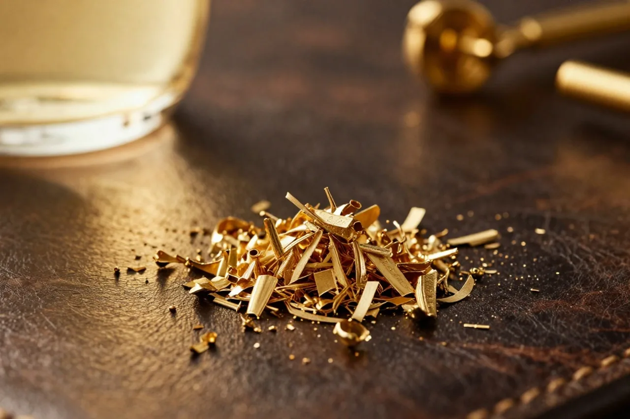 Copeaux d'or et de métal brut sur cuir usé
