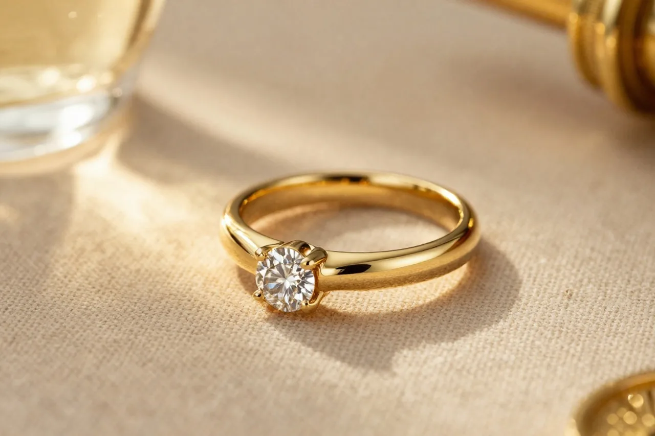 Bague en or à sertissage unique posée sur lin