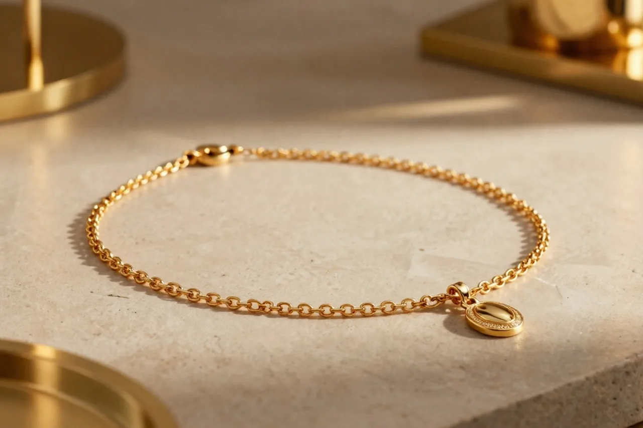 Collier fin en or posé sur pierre claire